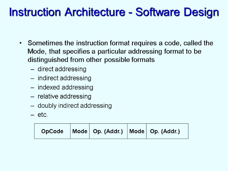 Instruction Architecture - Software Design Sometimes the instruction format requires a code, called the
